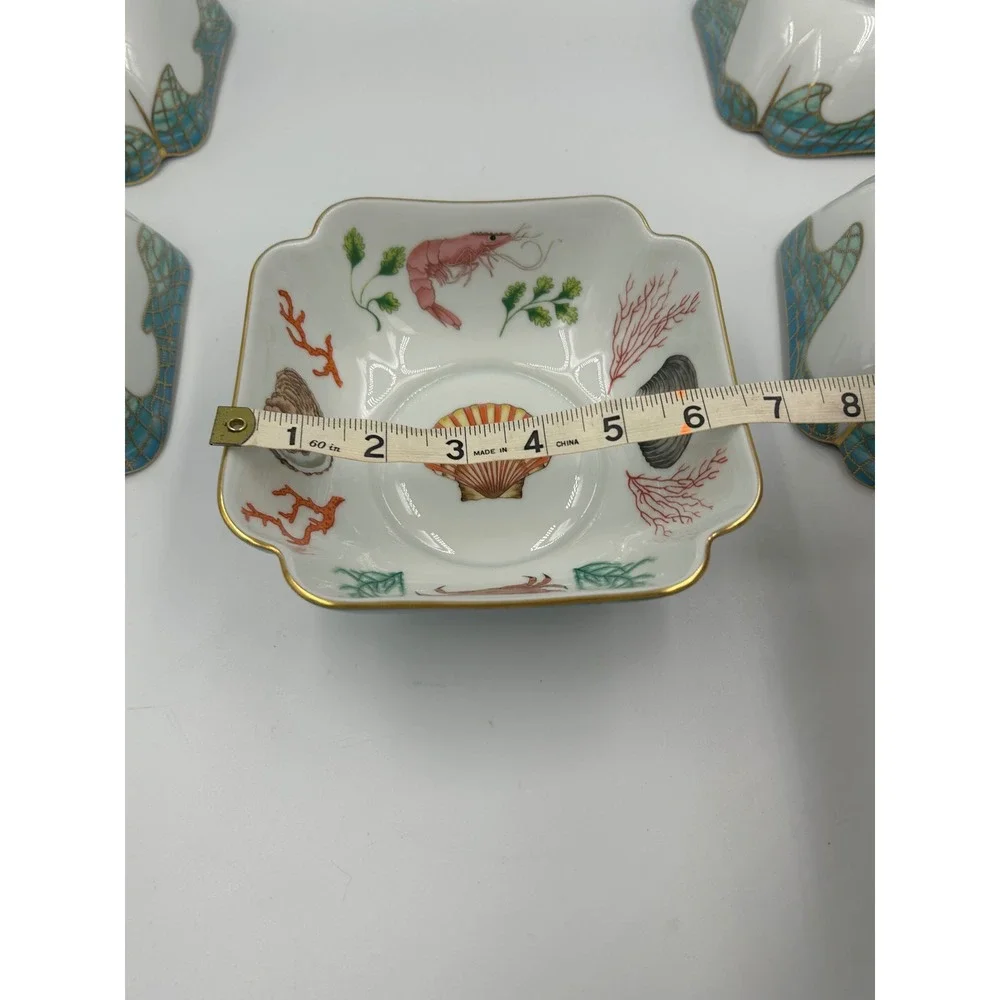 Lynn Chase Saint Tropez Porcelain Bowls 24K Gold Trim Coastal Shells Set of 6